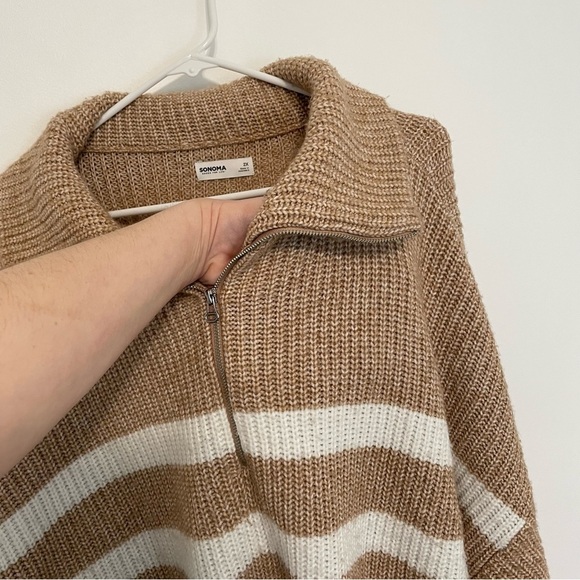 SONOMA Plus Size Quarter Zip Tunic Sweater Tan Brown White Striped 1/4 Zip Fall - Picture 5 of 15
